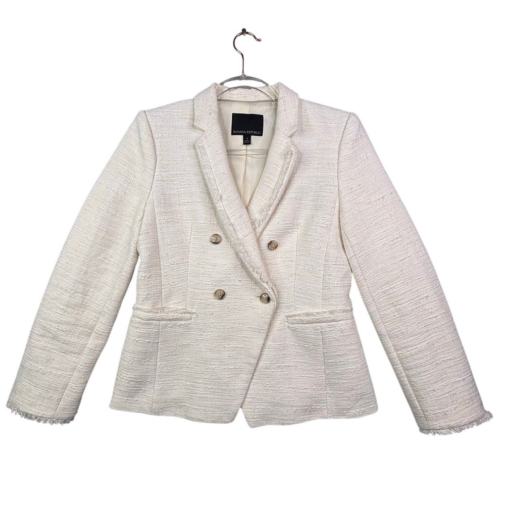 Banana Republic Cream Tweed Double Breasted Blazer Jacket Fringe Trim Size 4